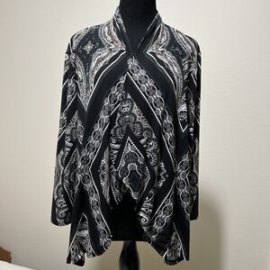 Travelers Chico’s Cardigan Blouse Flowy Abstract Art Draped Open Front 3 XL
